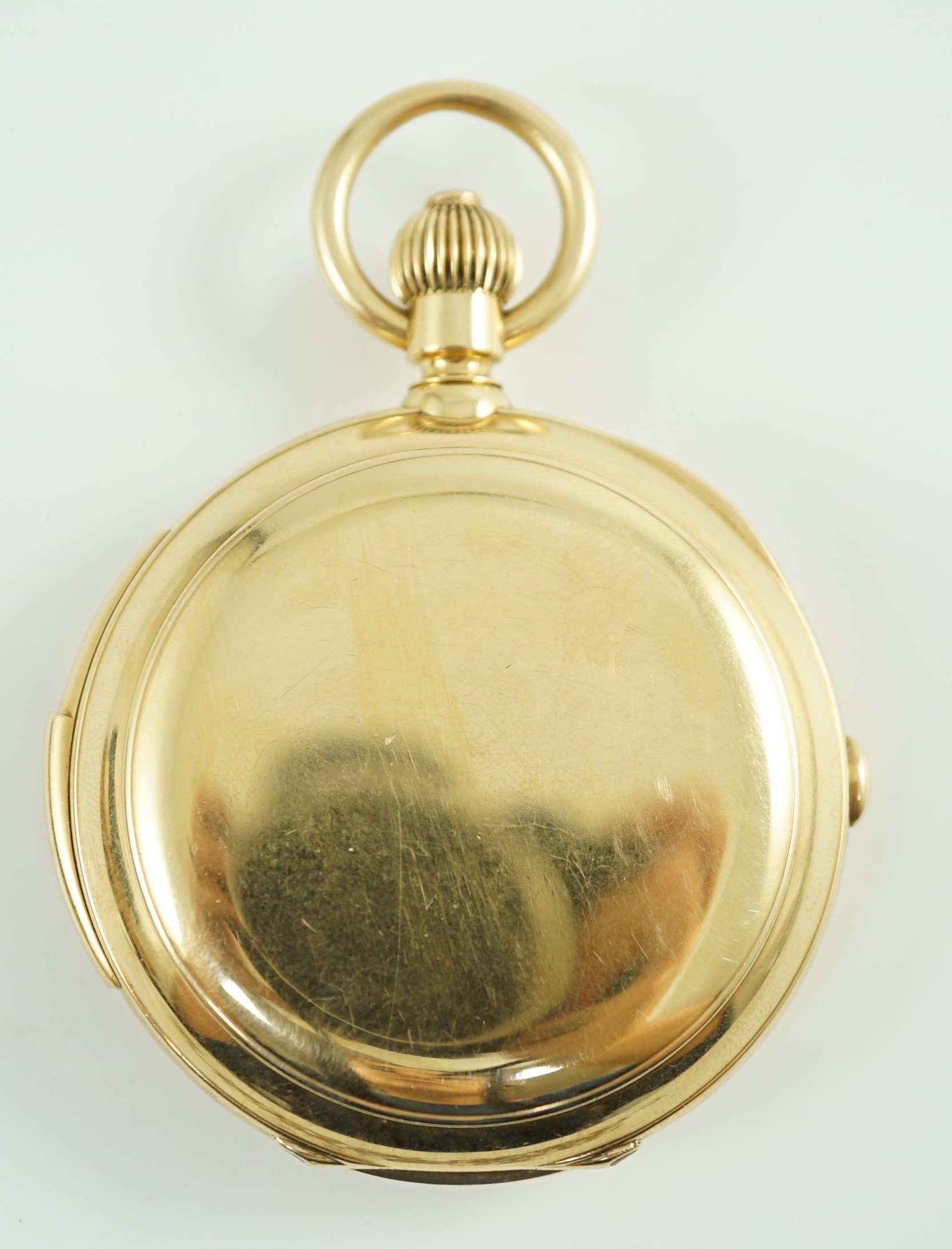 A late 19th Swiss 18k gold keyless hunter minute repeating chronograph pocket watch by U. Montandon Robert